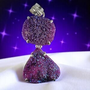 Purple Druzy Quartz Pendant Sterling Silver Raw Crystal Statement